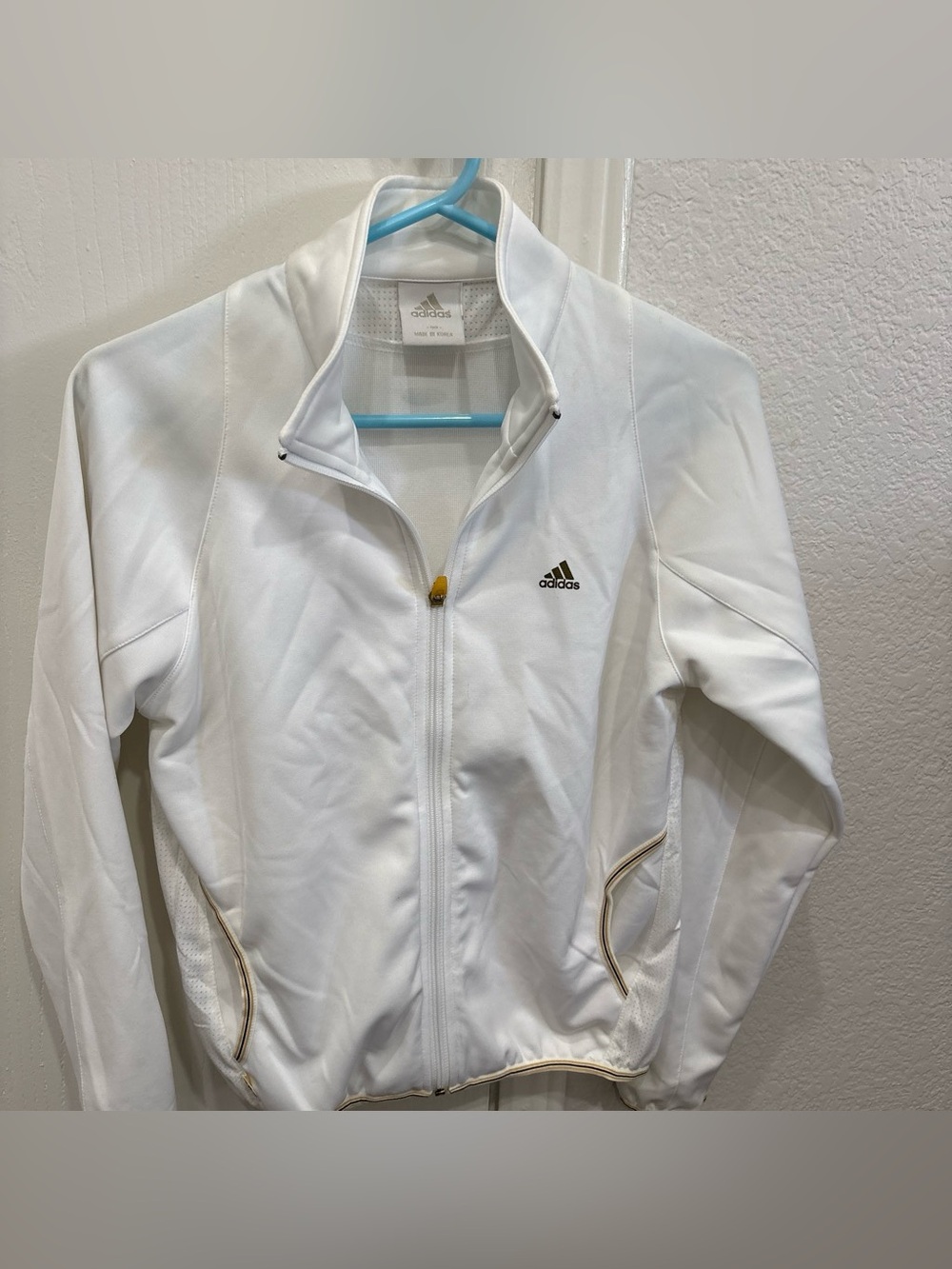 adidas White Full-Zip Bomber Jacket with Gold Trim